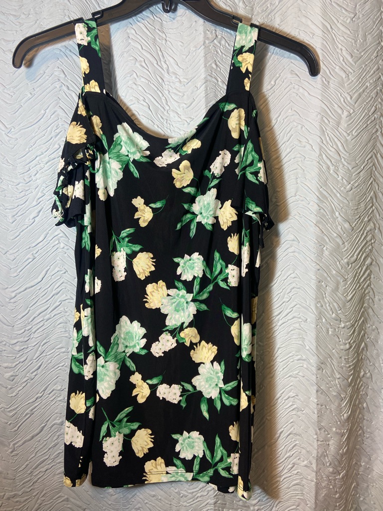 Inc Floral Cold-Shoulder Top In Black With Green & Yellow Print
